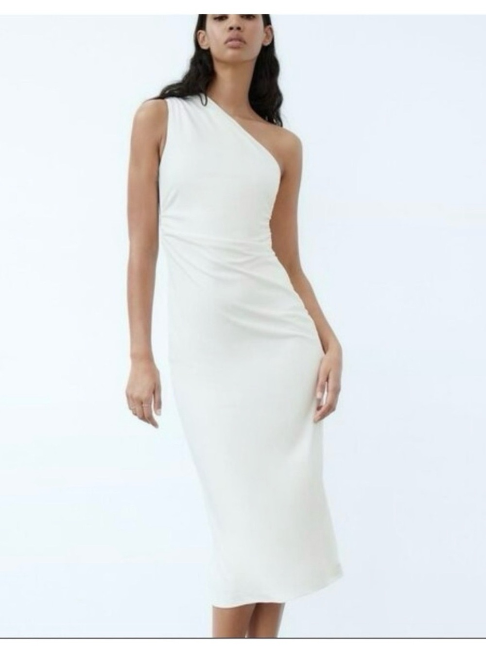 Zara White Midi Dress One Shoulder Ruched midi dress small